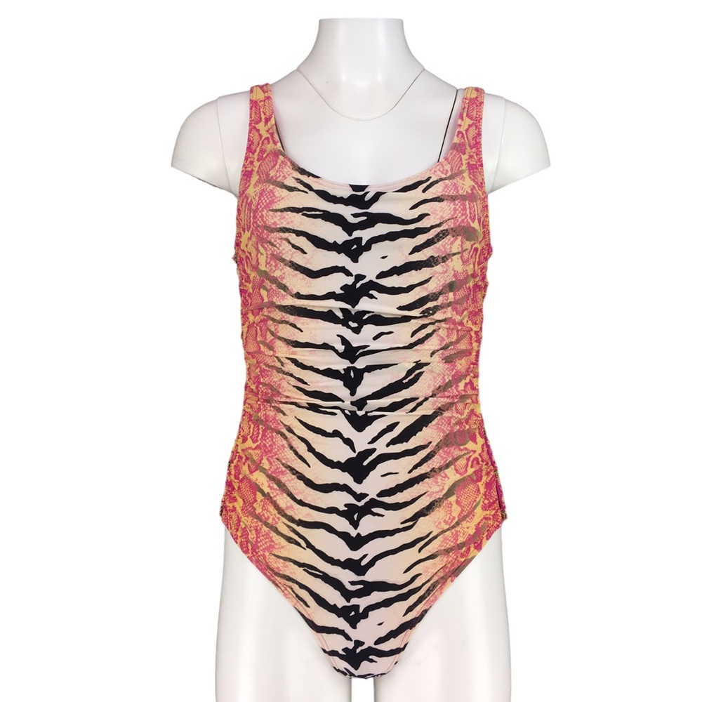 Carmen Marc Valvo Swim One Piece Tiger Snake  Pink Black Side Cut Out Womens 6